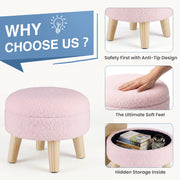 Concetta Round Storage Ottoman with Soft Teddy Velvet Upholstery, Sturdy Wood Legs, Pink, Compact Size