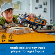 LEGO City Arctic Explorer Science Lab Truck, 1,064 Pieces, 6-Wheel Suspension, Rotating Observatory, Snowmobile, 5 Minifigures, 3 Arctic Wolves, Ages 8+