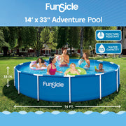 Funsicle 14ft Round Above Ground Metal Frame Swimming Pool, Puncture-Resistant 3-Ply Toughmesh, Includes FiltraBoost 800S Pump with AutoSkimmer, Blue, For Ages 6 and Up