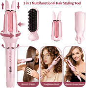 Huakeyou 3-in-1 Auto Rotating Curling Iron with Waver and Straightener Brush, Pink
