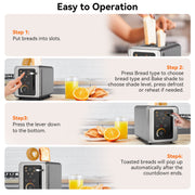 WHALL 2 Slice Toaster, Touchscreen Toasters with Stainless Steel, Wide Slots, Bagel, Defrost, 850W