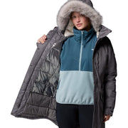 Columbia Suttle Mountain Women's Long Insulated Jacket, Water-Repellent, Omni-Heat Reflective Lining, Sherpa-Lined Hood, City Grey, Large, 179975