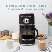 Nostalgia Classic Retro 10-Cup Drip Coffee Maker, One Button Brewing, Auto Shut-Off, Anti-Drip Pause, Time Display, Black, NCRCOF10BK6A