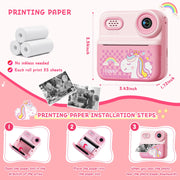 ALLJOY 202588  Instant Print Kids Camera, 12MP, 1080P HD Video, 2.4-Inch IPS Screen, 16X Digital Zoom, Thermal Black-and-White Photo Printer, 64GB SD Card Included