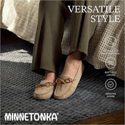 Minnetonka Womens Suede Moccasin Slippers, Pile Lined, Adjustable Rawhide Lace, Stone, Size 9