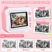 Aikidkit Kids Camera Instant Print, 2.4in Rotatable Flip Screen, 2MP CMOS Sensor, 1080p HD Video, Black-and-White Photo Printer, 32GB SD Card, Pink