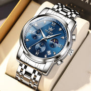 OLEVS Mens Casual Quartz Chronograph Watch, Blue Dial, Two-Tone Stainless Steel Bracelet, Luminous Hands, 30m Water Resistant