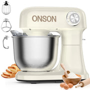 ONSON 5QT 350W Copper Motor, 12-Speed Electric Mixer with Stainless Steel Bowl, Dough Hook, Whisk, Beater, Milky White