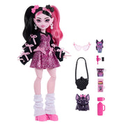 Mattel Monster High Draculaura Doll, Pink Bow Dress, Black Cardigan, Pet Bat Count Fabulous, 7 Accessories, JHK29