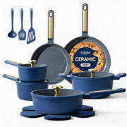 Carote A13768 18-Piece Ceramic Nonstick Cookware Set w/Utensils, Induction Compatible, Deep Blue