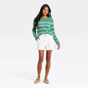 A New Day 94822255 Women's Knit Pullover Sweater, Green Cream Striped, Long Sleeve, Mid Length