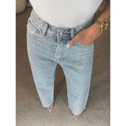 CassandraHayley Womens High-Waisted Rhinestone Washed Jeans, Full Rhinestone Detailing, Straight-Leg, Soft Stretch Denim
