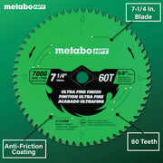 Metabo HPT 7-1/4-In Circular Saw Blade, 60-Tooth Tungsten Carbide, PTFE Coating, Laser-Cut Expansion Slots, Thin Kerf, 115760M
