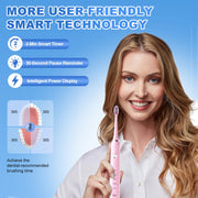 JTF P200 Sonic Electric Toothbrush for Adults and Kids, 5 Modes, 40,000 VPM, IPX7 Waterproof, Wireless Charging, 6 Brush Heads, Pink, Travel Case