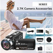 SEREE DV003-02M Video Camera for Youtube Camcorder Night Vision Film Camera Full HD 2.7K 30FPS 30.0 MP IR Vlogging Digital Camera, 2 Batteries, Remote