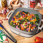 Beautiful 5 in 1 Electric Skillet, Expandable to 7 Qt, Porcini Taupe, EverGood Ceramic Nonstick, 1500W, Glass Lid
