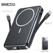 Breezio Magnetic Portable Charger Power Bank, 10000mAh, 20W Fast Charging, 5-in-1 with Built-In Type-C and Lightning Cables, Wireless Charging, Dark Black, W17
