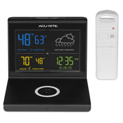 AcuRite Home Weather Station with Qi-Certified Wireless Charging Pad, Hyperlocal 12-24 Hour Forecast, Indoor and Outdoor Temperature and Humidity, Alarm Clock with Snooze, Black, 01193M