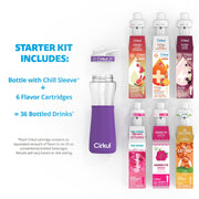 Cirkul 22oz Plastic Water Bottle with Purple Neoprene Chill Sleeve and 6 Flavor Cartridges Value Pack