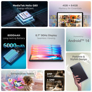 TCL TAB 8 Gen 2 Tablet, 8.7 in HD Display, 90Hz Refresh Rate, 64GB Storage, 6000mAh Battery, MediaTek Octa-Core Processor, 4GB RAM, Android 14, Black