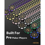 HEITOK Clay Poker Chip Set, 100 Pieces, 14g Weighted Clay Composite Chips, Multicolor, Includes Playing Cards, Dice, Dealer Button, Aluminum Carrying Case, XY-8111