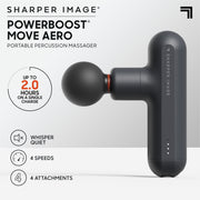 Sharper Image Powerboost Move Aero Portable Percussion Massager, Grey, Adjustable Speed, 4 Attachments, Rechargeable
