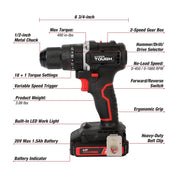Hyper Tough 80045 20V Max Brushless 2-Speed Cordless Hammer Drill with 1.5Ah Lithium-Ion Battery & Charger