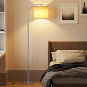 SUNMORY Arc Floor Lamp with Adjustable Hanging Linen Shade, 9W LED Bulb with 3 Color Temperatures, Foot Switch, Silver