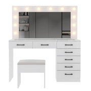 Ktaxon Large Makeup Vanity, Vanity Table Set w/ Visible Glass Top w/ Charging Station, 7 Drawer, White - Spacious Storage