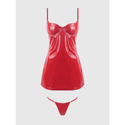 House of Desire Trinity Patent Chemise & G-String Set, Medium, Red, Glossy Flexible Fabric, Underwire Support