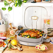 Beautiful 5 in 1 Electric Skillet, Expandable to 7 Qt, Porcini Taupe, EverGood Ceramic Nonstick, 1500W, Glass Lid