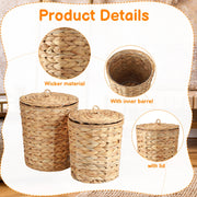 Topekada 2 Pack Wicker Trash Cans with Removable Lids and Liners, 1.9 and 2.7 Gallons, Handmade Woven Wastebaskets with Stainless Steel Frames, Yellow