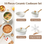 Sensarte Ceramic Nonstick Cookware Set, 10 Pieces, Induction Compatible, White, Wood Grain Handles