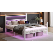 Chuangshuo Guard Full Size Metal Bed Frame with LED Storage Headboard Shelf, USB Port, Noise-Free, White