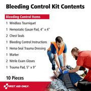 First Aid Only Critical Essentials Bleeding Control Kit, Tourniquet, Hemostatic Gauze, Chest Seals, Trauma Bandages, Nitrile Gloves, Marker, Clear Pouch, 10 Pieces