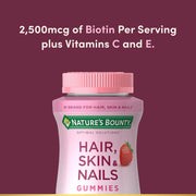 Nature's Bounty Hair Skin and Nails Vitamins with Biotin, Strawberry Flavor Gummies, 2500 mcg, 140 Count, 080152