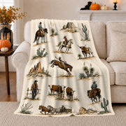 IRGFVVCN Western Ranch Riders Flannel Throw Blanket, Classic Cowboy Design, Warm Cream Polyester