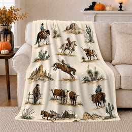 IRGFVVCN Western Ranch Riders Flannel Throw Blanket, Classic Cowboy Design, Warm Cream Polyester