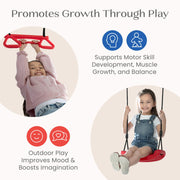 Delta Children FunZone Outdoor Metal 3-Piece Swing Set, 2 Adjustable Swings and Trapeze Bar with Gym Rings, Blue/Red