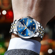 OLEVS Men's Dress Watch, Luxury Blue Dial with Diamond Accents, Two Tone Stainless Steel, Date Display, Luminous Hands, Waterproof 100 ft, 41mm 9931