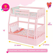 Our Generation Pink Bunk Beds Accessory Set for 18-Inch Dolls with Bedding, Pillows, and Reversible Blankets, 21 in
