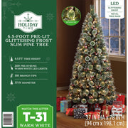 Holiday Time 301T22018 6.5' Pre-Lit Glittering Frosted Slim Pine Green Artificial Christmas Tree with Warm White Lights