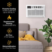 Whirlpool WHAT142-HAW 14,000 230V Air Conditioner with Supplemental Heat, Dehumidifier and Remote, Wall AC Unit for Apartment, Living Large Rooms up to 700 Square Feet in White, 14000 BTU