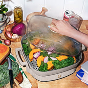 Beautiful 5 in 1 Electric Skillet, Expandable to 7 Qt, Porcini Taupe, EverGood Ceramic Nonstick, 1500W, Glass Lid