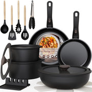 Astercook 20-Piece Nonstick Ceramic Cookware Set w/Detachable Silicone Handles, Black