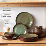 Pokini W-PTS24A 24-Piece Stoneware Dinnerware Sets, Plates and Bowls Dish Sets for 8, Gradient Green