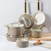 Martha Stewart 148381.1 10-Piece Nonstick Pots and Pans Cookware Set with Gold Handles, Taupe
