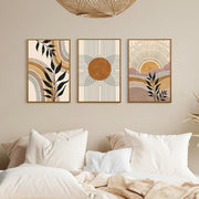 HPINUB Boho Framed Canvas Wall Art Set of 3, Mid Century Modern Nature Plants Desert Sun Paintings, 16x24 in - Art Painting