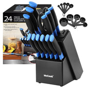 McCook Kitchen Knife Block Set, 24-Piece Stainless Steel Cutlery with Ultra-Sharp Forged High-Carbon German Blades, Built-In Sharpener, Measuring Cups and Spoons, Blue, MC706