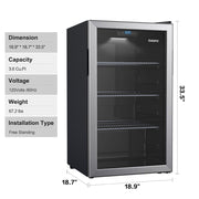 Galanz Beverage Refrigerator, 116 Can Capacity, Stainless Steel Glass Door, Digital Temperature Control, LED Lighting, 3 Adjustable Shelves, Freestanding Mini Fridge, GLB36S2CS